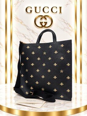 Authentic Gucci Bee Star Black Leather Tote Bag Gold Embroidered Crossbody